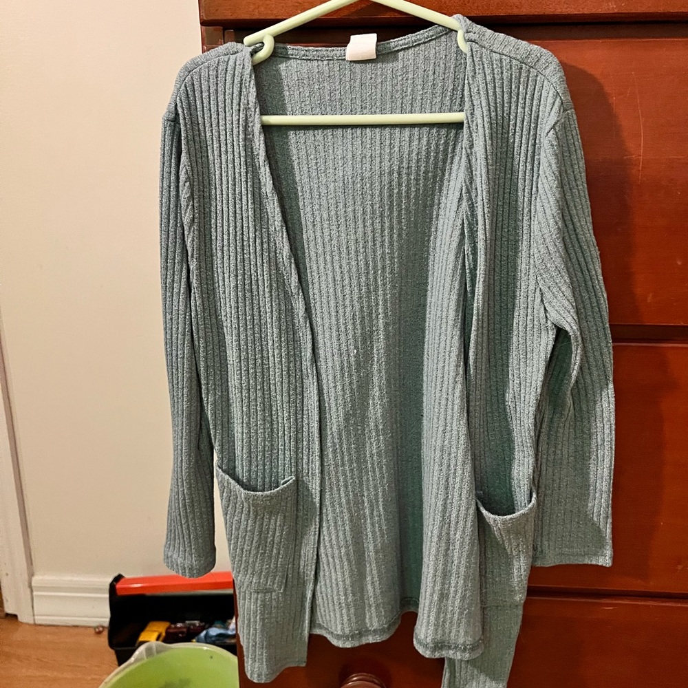 SHEIN Ribbed Open-Front Cardigan - Soft Green